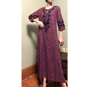 ROLLER RABBIT Red/Blue Floral Kurta Maxi KAFTAN/DRESS w/Tassels/Soutache Braid